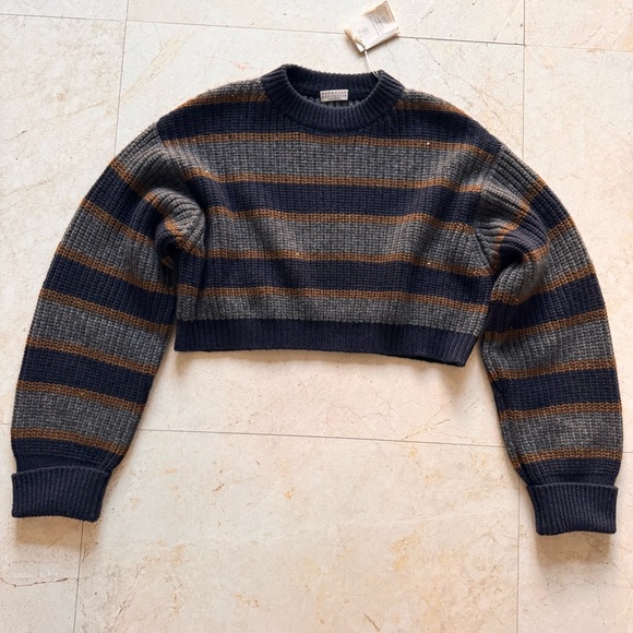 Brunello Cucinelli Striped Gray and Brown Cashmere Sweater size M - Picture 4 of 11